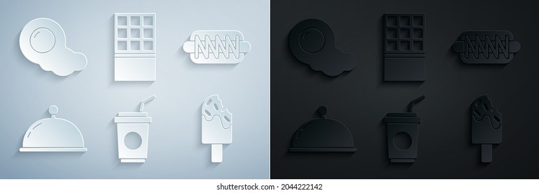 Set Paper Glass With Straw, Hotdog Sandwich, Covered Tray, Ice Cream, Chocolate Bar And Scrambled Eggs Icon. Vector