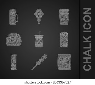 Set Paper glass with straw, Meatballs on wooden stick, Hard bread chucks crackers, Doner kebab, Chocolate bar, Burger, Coffee cup to go and Thermos container icon. Vector