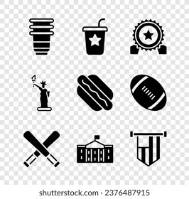 Set Paper glass, with straw, Medal star, Crossed baseball bat, United States Capitol Congress, American flag, Statue of Liberty and Hotdog sandwich icon. Vector