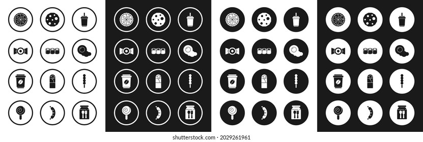Set Paper glass with straw, Sushi, Candy, Pizza, Scrambled eggs, Cookie or biscuit, Lollipop and Coffee cup to go icon. Vector