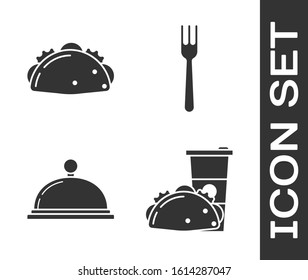 Set Paper glass and taco with tortilla, Taco with tortilla, Covered with a tray of food and Fork icon. Vector