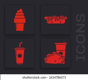Set Paper glass and taco with tortilla, Ice cream in waffle cone, Hotdog sandwich with mustard and Paper glass with drinking straw and water icon. Vector