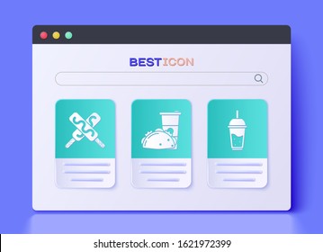 Set Paper glass and taco with tortilla, Ice cream and Glass of lemonade with drinking straw icon. Vector