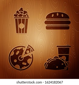 Set Paper glass and taco with tortilla, Popcorn in cardboard box, Pizza and Burger on wooden background. Vector