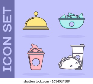 Set Paper glass and taco with tortilla, Covered with a tray of food, Popcorn in cardboard box and Nachos in plate icon. Vector