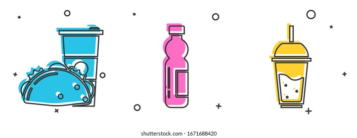 Set Paper glass and taco with tortilla, Bottle of water and Glass of lemonade with drinking straw icon. Vector