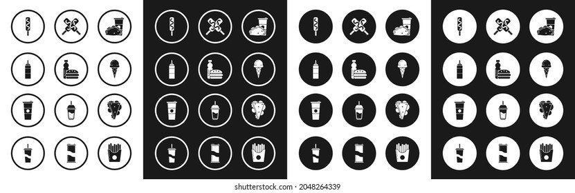 Set Paper glass and taco with tortilla, Bottle of water burger, Sauce bottle, Ice cream, in waffle cone, Sandwich and  icon. Vector