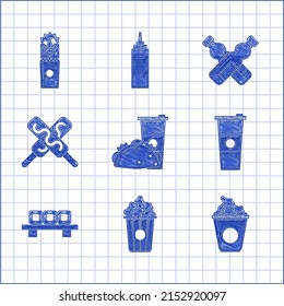 Set Paper glass and taco with tortilla, Popcorn in cardboard box, water, Sushi on cutting, Ice cream, Crossed bottle of and Doner kebab icon. Vector