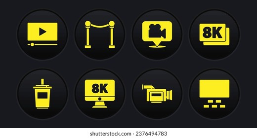 Set Paper glass with water, 8k Ultra HD, Monitor, Cinema camera, Camera and location, Rope barrier, auditorium seats and Online play video icon. Vector