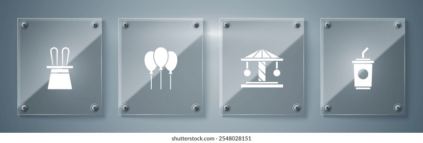 Set Vaso de papel con agua, carrusel de atracción, cinta de globos y sombrero de mago y orejas de conejo. Paneles de vidrio cuadrados. Vector