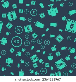 Set Paper glass with water, Director movie chair, 5d virtual reality and 4k movie, tape, frame on seamless pattern. Vector