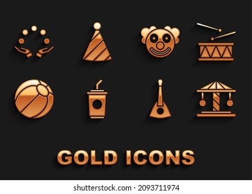 Set Paper glass with water, Drum drum sticks, Attraction carousel, Balalaika, Beach ball, Clown head, Juggling and Party hat icon. Vector