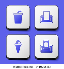 Set Paper glass with water, Food ordering on mobile, Ice cream waffle and  icon. White square button. Vector