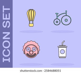 Set Paper glass with water, Hot air balloon, Clown head and Vintage bicycle icon. Vector