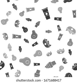 Set Paper glass and water, Ice cream in waffle cone, Nachos in plate and Scrambled eggs on seamless pattern. Vector