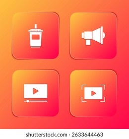 Set Paper glass with water, Megaphone, Online play video and  icon. Vector