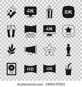 Set Paper glass with water, Movie trophy, Walk of fame star, Cinema auditorium screen, Popcorn cardboard box, ticket and Screen tv 4k icon. Vector svg