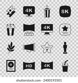 Set Paper glass with water, Movie trophy, Walk of fame star, Cinema auditorium screen, Popcorn cardboard box, ticket and Screen tv 4k icon. Vector