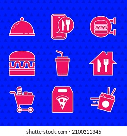 Set Paper glass with water, Online ordering pizza delivery, noodles, and, Shopping cart food, Burger, burger and Covered tray of icon. Vector