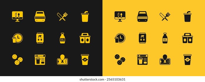 Set Paper glass with water, Online ordering food, Bottle of, Food on mobile, Soda can, Crossed knife and fork,  and Lunch box icon. Vector