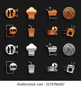 Set Paper glass with water, Pizza, Online ordering noodles delivery, Fast by car, Food, Shopping cart and food, Cafe restaurant location and Chef hat icon. Vector