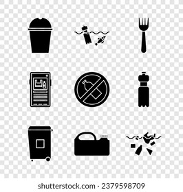 Set Paper glass water, Problem pollution of the ocean, Disposable plastic fork, Trash can, Canister machine oil, planet, Stop and No bottle icon. Vector