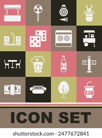 Set Paper glass with water, Road traffic signpost, Fast street food cart, Classic dart board and arrow, Game dice, Home stereo two speakers, Ticket box office and Shooting gallery icon. Vector