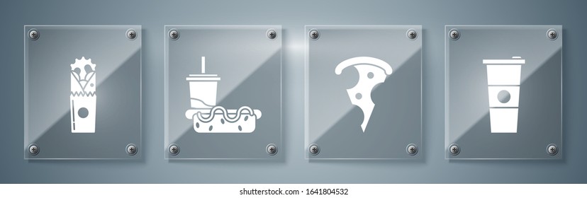 Set Paper glass and water, Slice of pizza, Paper glass with drinking straw and hotdog and Doner kebab. Square glass panels. Vector