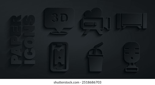 Set Vidrio de papel con agua, Smart Tv, comprar boleto de cine en línea, micrófono, cámara retro e icono de palabra 3D. Vector