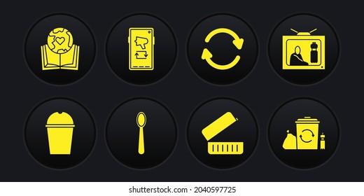 Set Paper glass water, Stop plastic pollution, Disposable spoon, Lunch box, Refresh, Megaphone mobile, Recycle bin with recycle and Earth globe and book icon. Vector