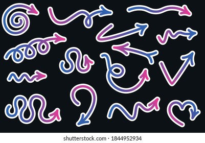 Set of paper gradient blue and purple arrows. Isolated arrows of different shapes with white outline on black background. Vector illustration.