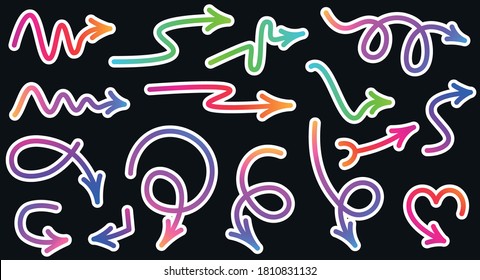 Set of paper gradient multicolored arrows. Isolated arrows of different shapes with white outline on black background. Vector illustration.