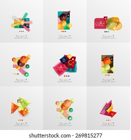 Conjunto de diseños gráficos de papel. Presentación universal, tablero de mensajes o plantilla infográfica de opciones