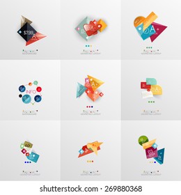 Set of paper graphic layouts. Universal presentation, message board or option infographic template