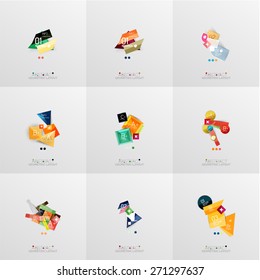 Set of paper graphic layouts. Universal presentation, message board or option infographic template