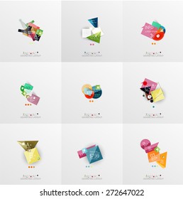 Conjunto de diseños gráficos de papel. Presentación universal, tablero de mensajes o plantilla infográfica de opciones