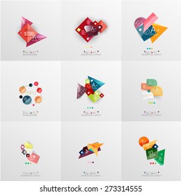 Conjunto de diseños gráficos de papel. Presentación universal, tablero de mensajes o plantilla infográfica de opciones