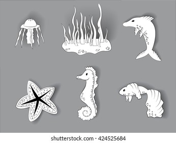 set of paper hand drown sea doodle