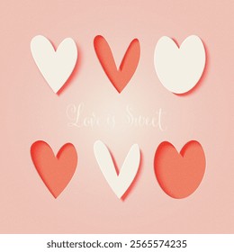 Set of paper heart shape on pastel color background. Happy Valentine's Day for greeting card, banner, poster, headers. 3d Paper art craft Vector Illustration.