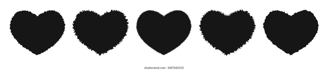 Set of paper heart shapes with ripped edges isolated on white background. Empty jagged textbox, label, tag, patch, photo frame templates for Valentine day. Vector graphic illustration
