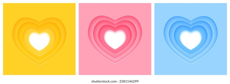 Set of paper hearts frame on pink blue and yellow backgrounds for Valentines day and wedding lovely greeting card design 