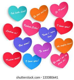 Set of paper hearts with the inscription I love you in different languages