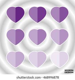 Set of paper hearts purple graduation colors. Vector hearts palette in form of postcards for design