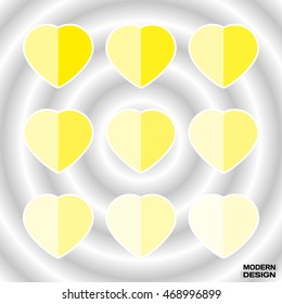 Set of paper hearts yellow graduation colors. Vector hearts palette in form of postcards for design
