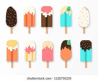 Set of paper ice cream with different confectionery and sauces. Summer sweets in modern paper art style, pastel colors. 