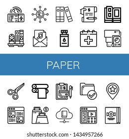 Set of paper icons such as Boarding pass, Bookshelf, Euro, Invitation, Files, Ink bottle, Invoice, Date, Catalog, Document, Scissors, Article, Print cylinder, Bag, Book , paper