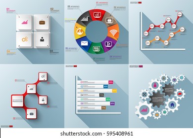 Set of paper infographics with long shadow vector design template. Business concept with 4, 5, 6, 7 and 8 options, steps or processes, workflow, diagram, histogram, marketing icons, info graphics.