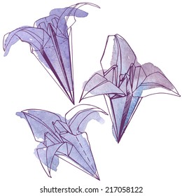 set of paper irises painted in watercolor, hand drawn vector illustration painted in purple and blue watercolor, hand drawn design elements