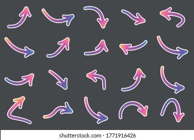 Set of paper isolated arrows. Different purple gradient arrows with white outline on black background. Vector illustration.