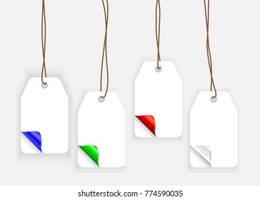 Set of paper label with curle corners in realistic style. Shopping tag templates isolated in grey bckground. Sale and discounts concept for advertising. Mock-up for gift tags